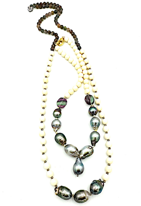 White Lei - Tahitian pearls with gem stones