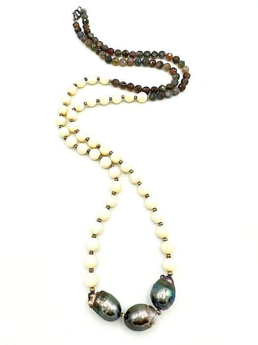 White Lei - Tahitian pearls with gem stones