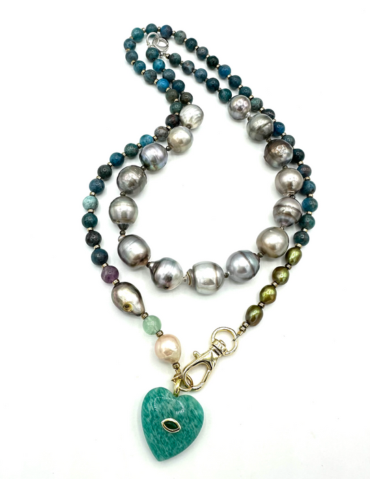 Heart Chakra Love - Amazonite heart charm with agate and Tahitian pearl