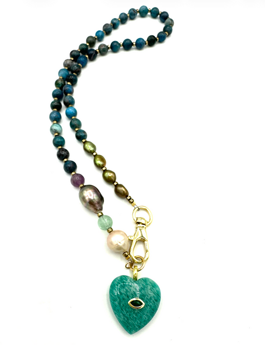 Heart Chakra Love - Amazonite heart charm with agate and Tahitian pearl