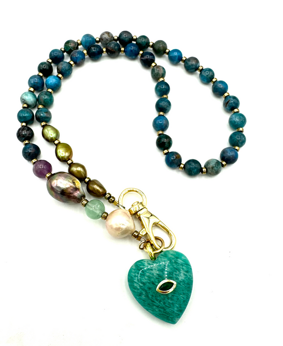 Heart Chakra Love - Amazonite heart charm with agate and Tahitian pearl