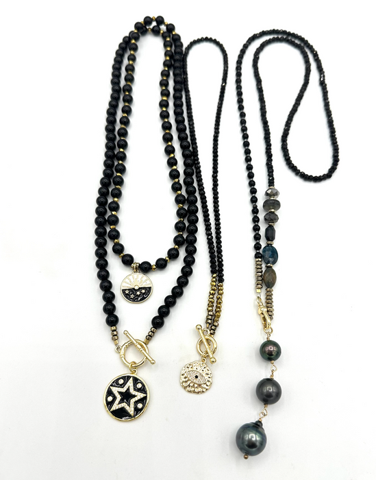 Long Gems & Pearls- Onyx gem stones with Tahitian pearls and Gems