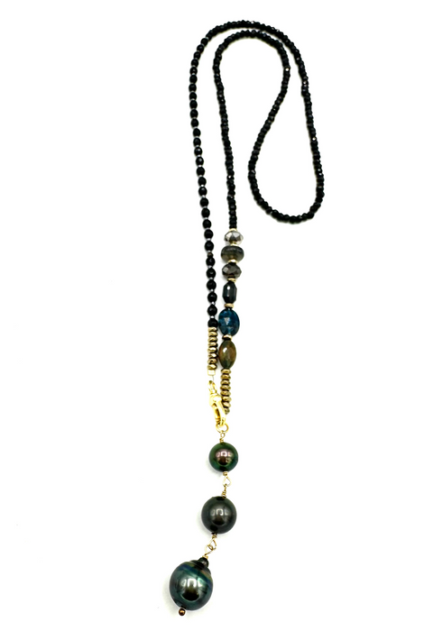 Long Gems & Pearls- Onyx gem stones with Tahitian pearls and Gems