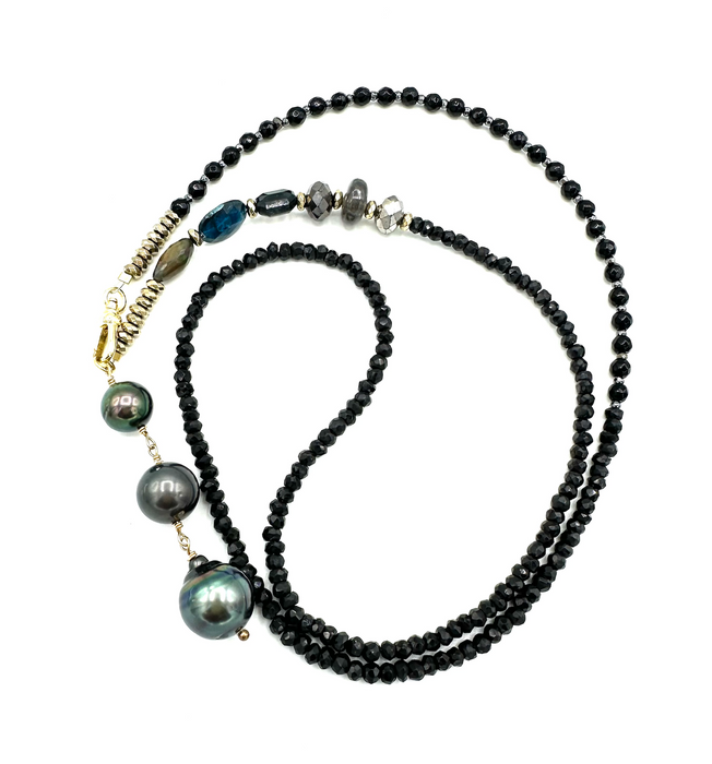 Long Gems & Pearls- Onyx gem stones with Tahitian pearls and Gems