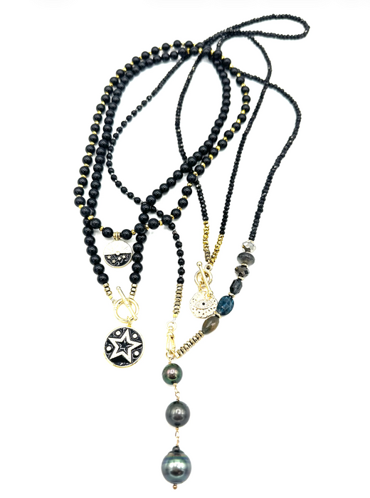 Double Planets- Onyx gem stones with two Celestial Gold Filled Charms