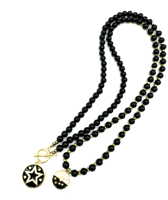 Double Planets- Onyx gem stones with two Celestial Gold Filled Charms