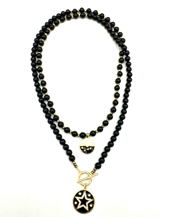 Double Planets- Onyx gem stones with two Celestial Gold Filled Charms