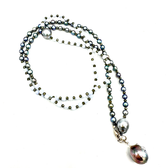 Periwinkle Pearl - Chalcedony gems and Tahitian pearls