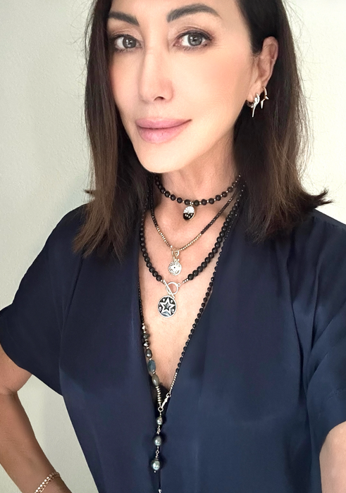 Long Gems & Pearls- Onyx gem stones with Tahitian pearls and Gems