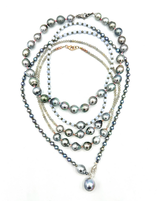 Periwinkle Pearl - Chalcedony gems and Tahitian pearls