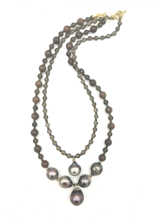 Soft Ember- Smoky quartz, Chocolate agate with Tahitian pearls