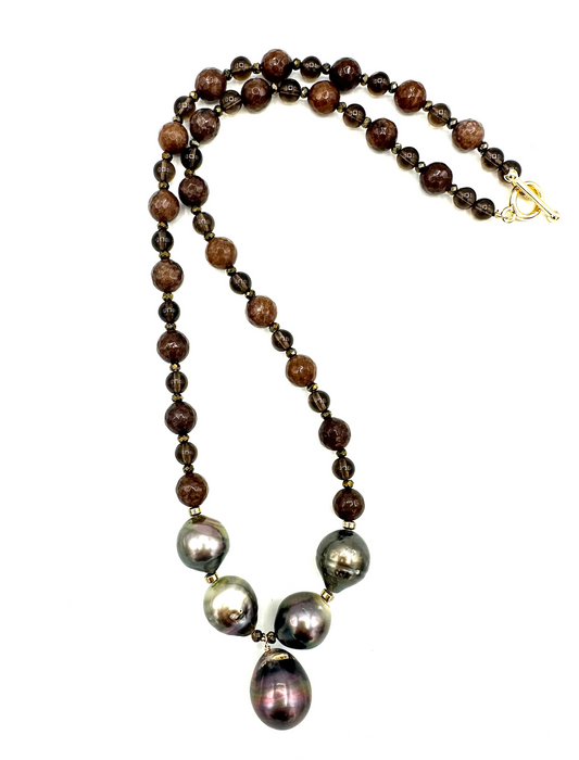 Soft Ember- Smoky quartz, Chocolate agate with Tahitian pearls