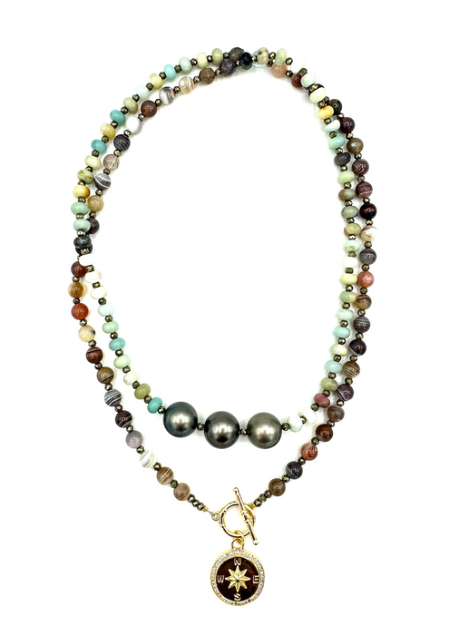 Skywash Pearl - Amazonite, Tahitian pearls & Inner compass charm