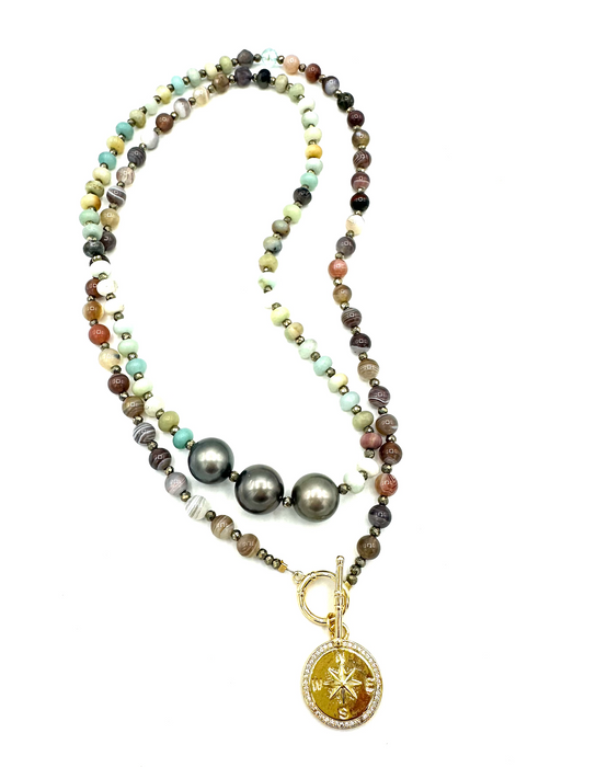 Skywash Pearl - Amazonite, Tahitian pearls & Inner compass charm