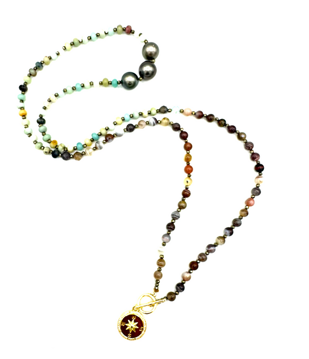 Skywash Pearl - Amazonite, Tahitian pearls & Inner compass charm
