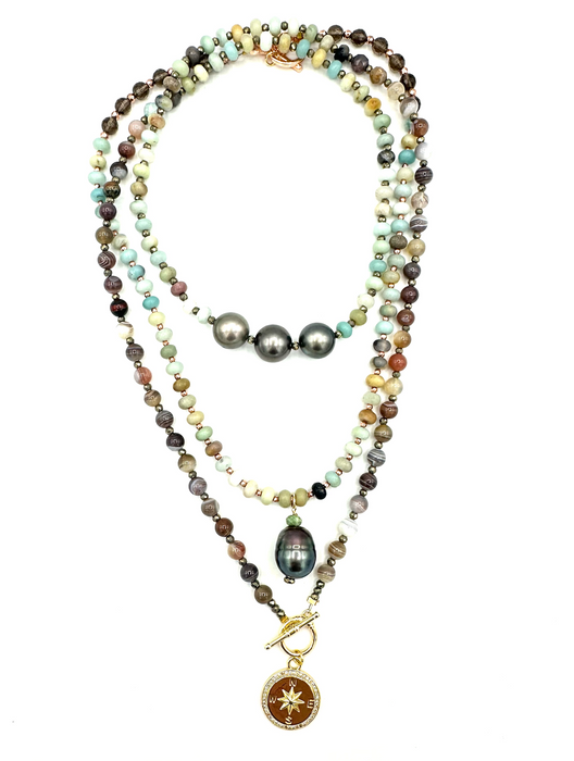 Skywash Pearl - Amazonite, Tahitian pearls & Inner compass charm