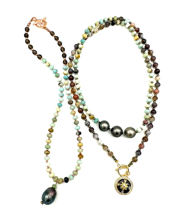 Skywash Pearl - Amazonite, Tahitian pearls & Inner compass charm