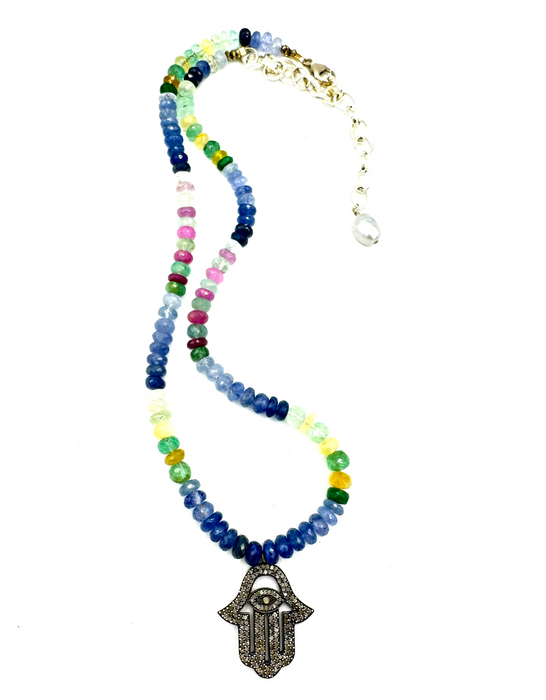 Regal Protection - Sapphires, Emeralds and Diamond Hamsa