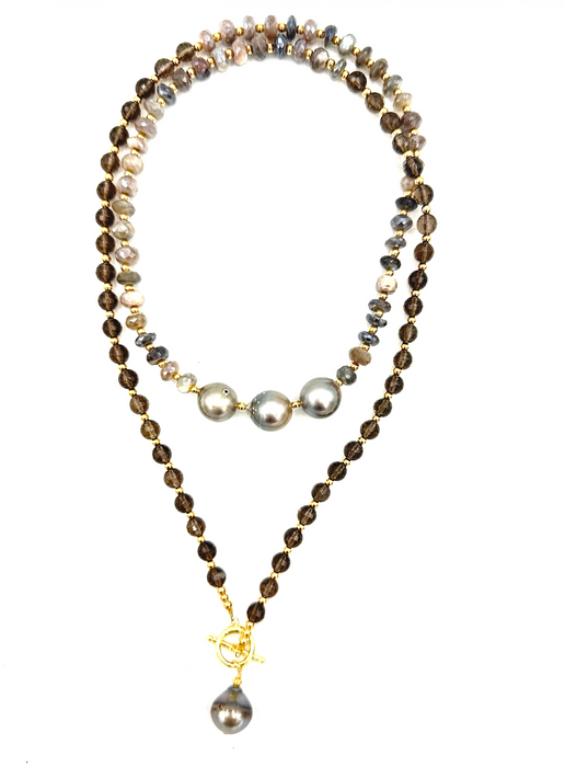 Mystic Cloud- Smoky Quartz, Moonstone & Tahitian Pearls