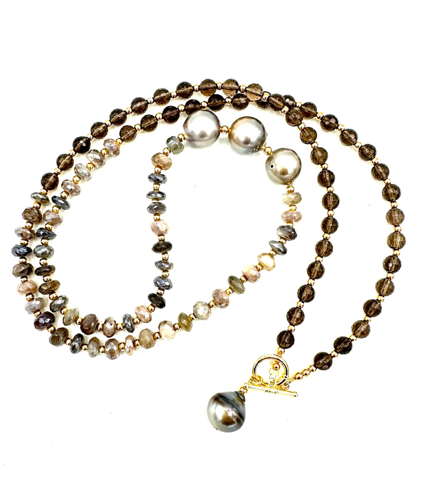 Mystic Cloud- Smoky Quartz, Moonstone & Tahitian Pearls