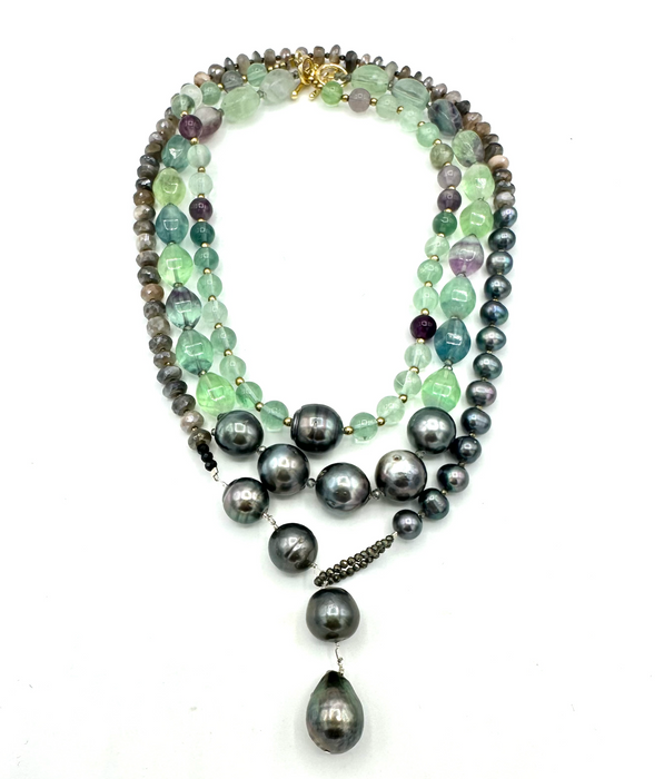 Twilight Tide - Fluorite Gems and Single Tahitian Pearl