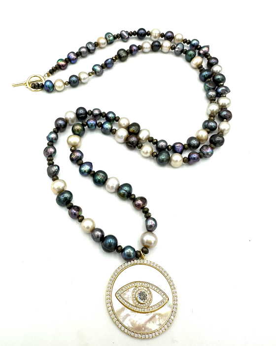 Magical Eye - Mixed fresh water pearls with Mother of Pearl Protective Eye Charm