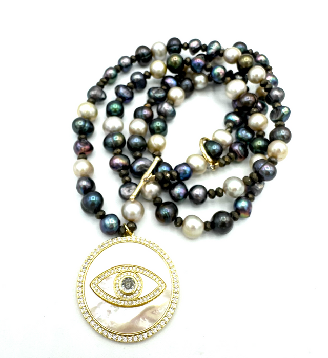 Magical Eye - Mixed fresh water pearls with Mother of Pearl Protective Eye Charm