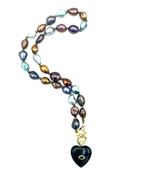 Heart Chakra Love - Onyx heart charm with mixed fresh water pearl