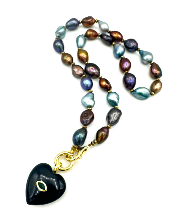 Heart Chakra Love - Onyx heart charm with mixed fresh water pearl