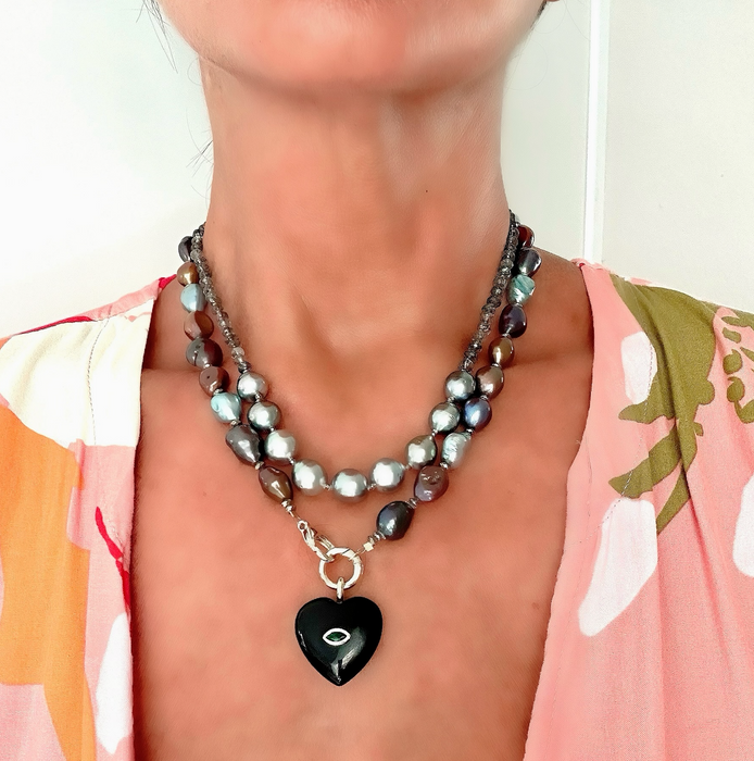 Heart Chakra Love - Onyx heart charm with mixed fresh water pearl