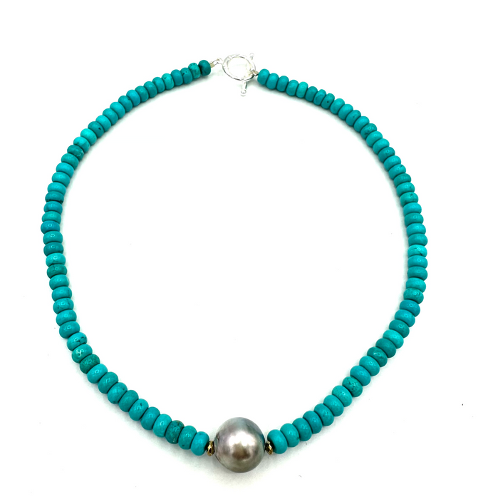 BFF - Turquoise rondelle, single Tahitian pearl